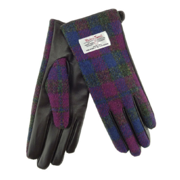 Ladies Brown Leather & Tweed Gloves in Heather Check