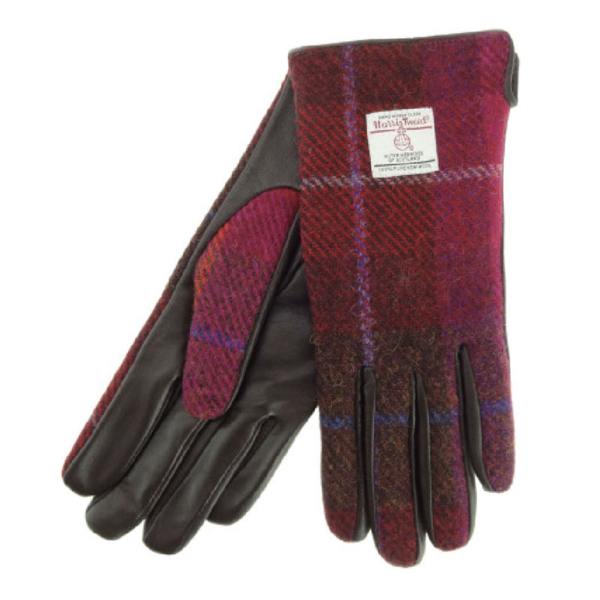 Ladies Brown Leather & Tweed Gloves in Dark Pink Tartan